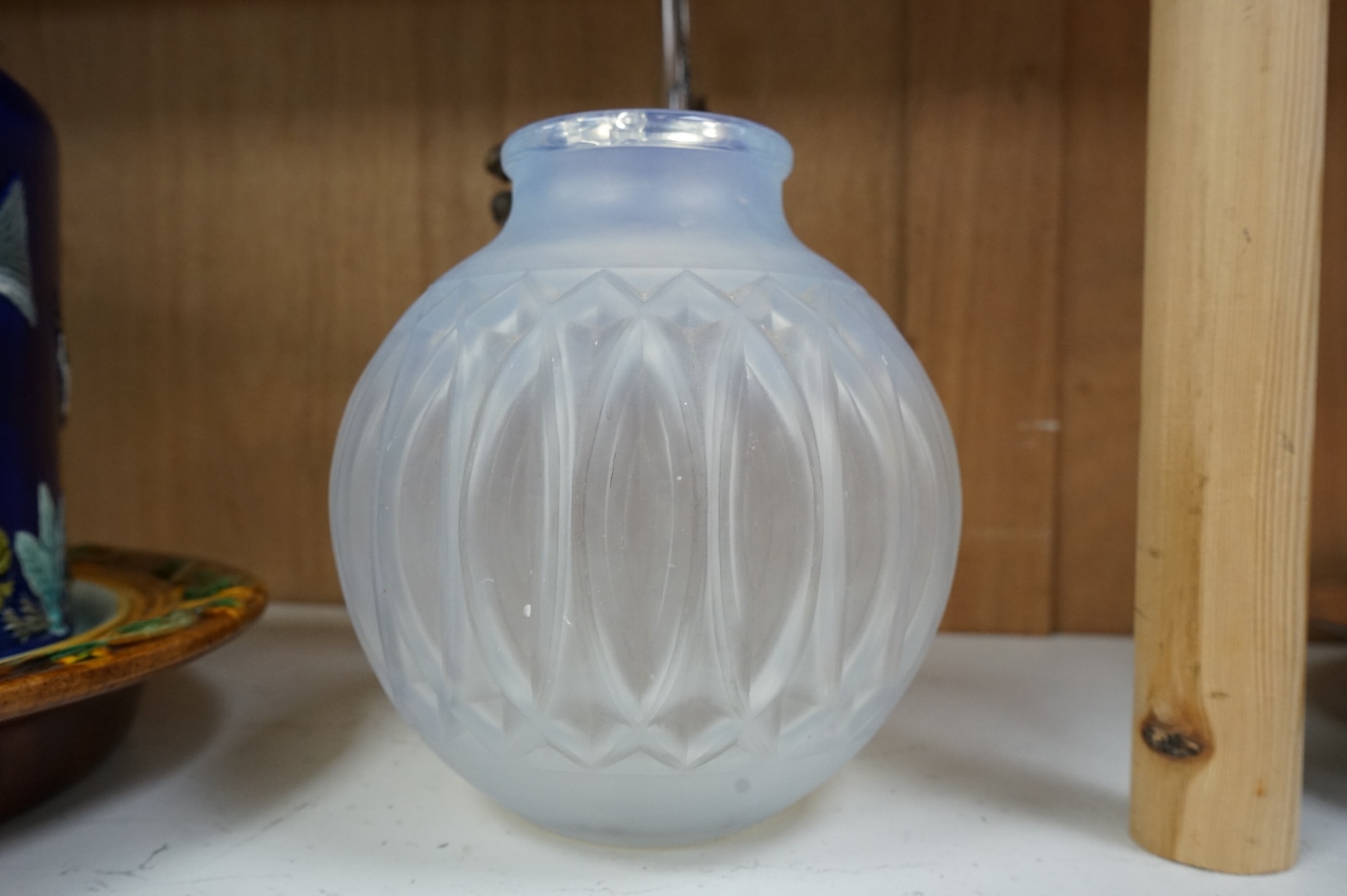 A glass decanter with bronzed metal mount, and a Sabino opaline glass vase, decanter 36cm high